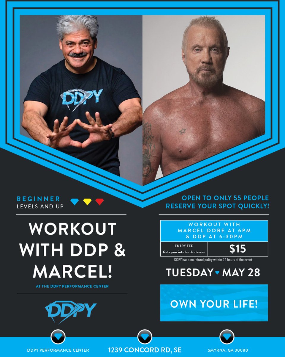 The next workout at the @DDPYPC is happening on Tuesday, May 28th! 💎 💥  
Workout with @RealDDP and Master Level Instructor, Marcel Dore 🇨🇦  in back-to-back classes!

#DDPYworks #Smyrna #ATL #Marietta #DDPYPC #DDPYoga
Tix: bit.ly/3UGmtVq