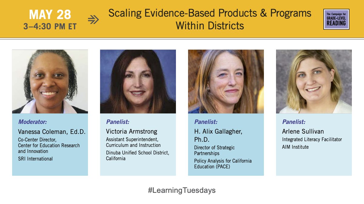 @CampaignforGLR is partnering with @SRI_Intl as well as @AIMtoLearn and @edpolicyinca to discuss the process of adopting, adapting, and scaling #EvidenceBased products within a district. Register NOW for the #LearningTuesdays conversation on 5/28: ➡️ ow.ly/1Ibi50QolLE