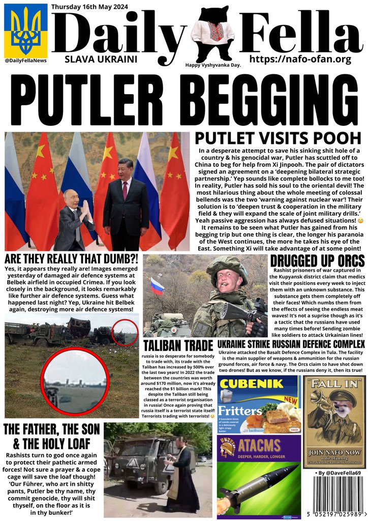 What time is it?! It’s Daily Fella time!! Read about Putins begging trip to China, russia drugging their soldiers, Ukraine striking Crimea again & russia increasing trade with the Taliban! Yep you read that right! 🙄🤷🏼‍♂️ #DailyFella #DailyFellaNews #SlavaUkraini #NAFO