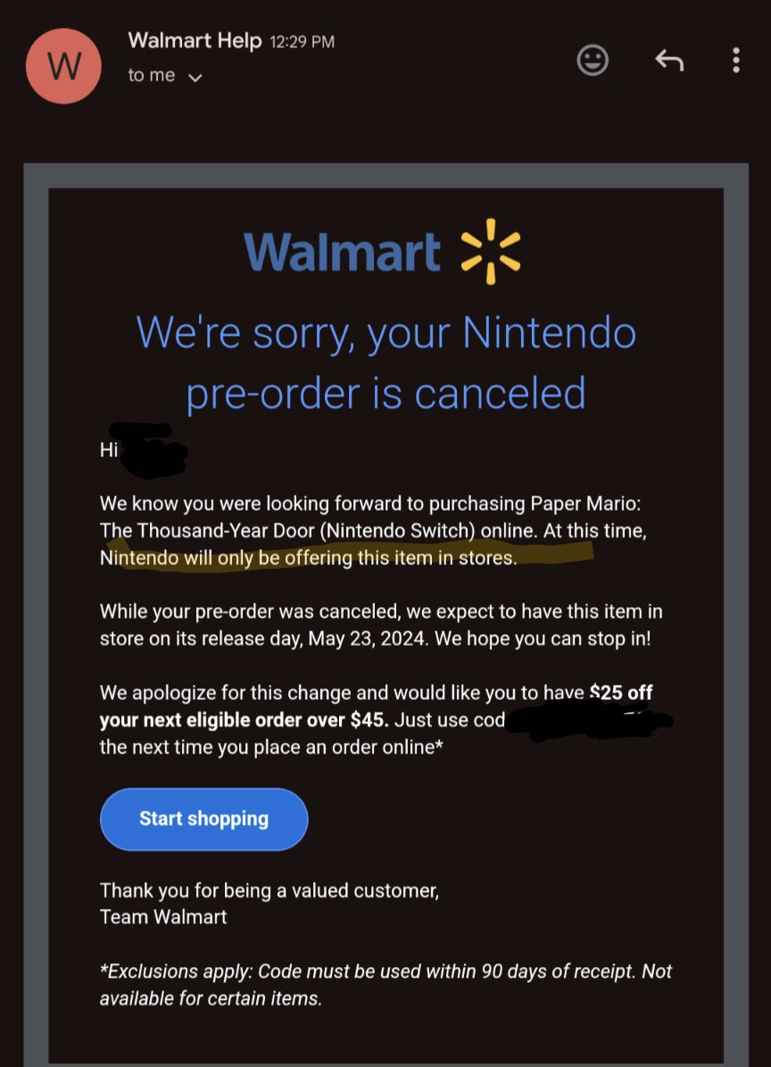 PSA: Walmart and Amazon have cancelled Paper Mario: The Thousand-Year Door pre-orders! Walmart has stated that Nintendo will only allow them to sell Paper Mario in stores. Still available online from some other retailers (for now?) Best Buy: bit.ly/4bqxOyP GameStop: