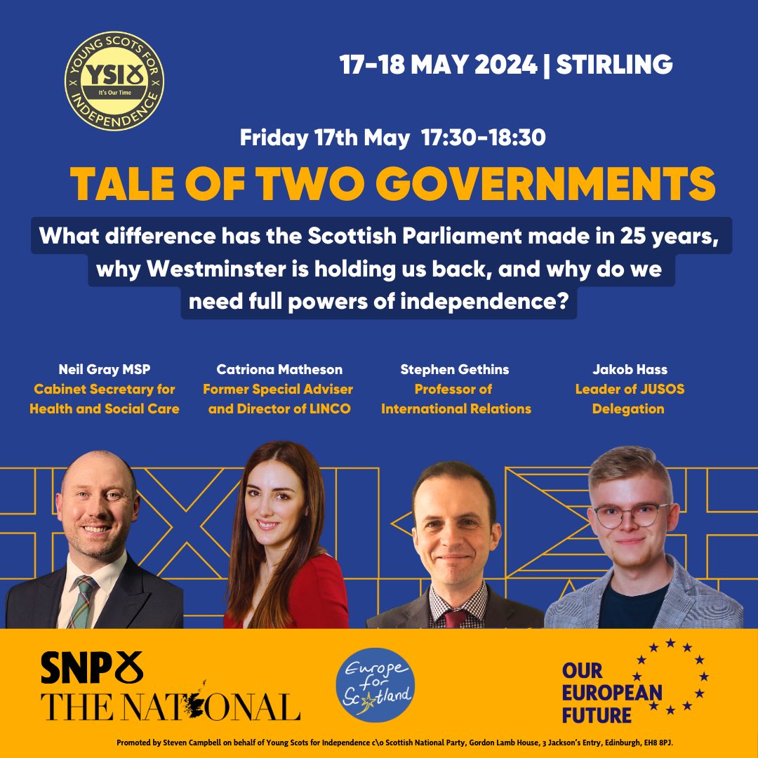 YSINational's tweet photo. ๐ช๐บ The #OurEuropeanFuture conference starts tomorrow - we canโt wait to see you in Stirling!
๐ฃ At 17:30, weโll be discussing the โtale of two governmentsโ that Scotland faces - featuring @neilcgray, @_cmatheson, @StephenGethins & @tschakop_.
๐ Join us: https://t.co/19z6QWYA7B https://t.co/PKW6ToubKk
