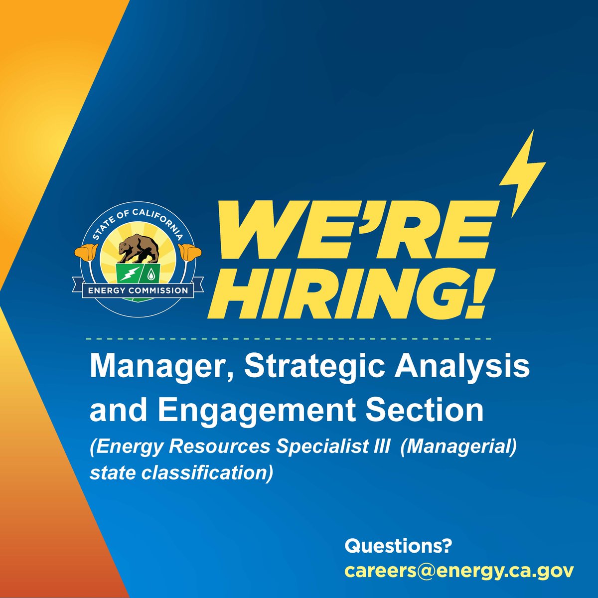 ⚡#CalEnergy is seeking an experienced leader to fill a manager position for the Strategic Analysis & Engagement Section of the Energy Research & Development Division (ERDD). 💰Salary: $10,576 – $12,011 per month 📆Apply today by 6/4: bit.ly/4alpWgw