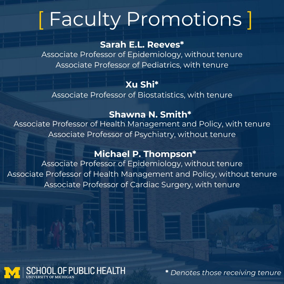 Michigan Public Health (@umichsph) on Twitter photo Congratulations to our amazing faculty members approved for promotion today during the <a href="/UMich/">University of Michigan</a> Board of Regents meeting! 🎉
We're glad to have each and every one of you and look forward to how you'll continue to make the world a healthier, more equitable place for all. Congratulations to our amazing faculty members approved for promotion today during the <a href="/UMich/">University of Michigan</a> Board of Regents meeting! 🎉
We're glad to have each and every one of you and look forward to how you'll continue to make the world a healthier, more equitable place for all.