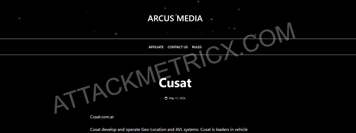 🚨 #Ransomware Alert: The group 'arcusmedia' has targeted Cusat.com.ar.

The incident was discovered on May 15, 2024.

Data publication deadline set by 'arcusmedia' Deadline May 11, 2024.

#arcusmedia #attackmetricx #cymetricx #darkweb #threatintel #darkmetricx