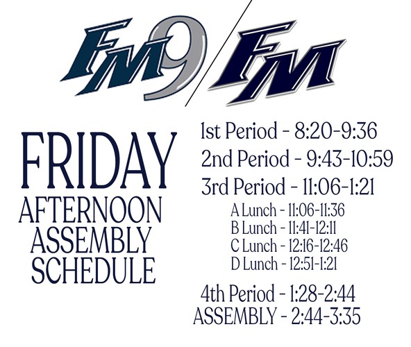 Reminder: We are on Afternoon Assembly Schedule tomorrow, May 17th due to the Faculty vs. SENIORS Basketball Game.🏀 Game Time: 2:45pm (PM Assembly Schedule) Location: FMHS Arena Tickets: $2 - sold during ALL lunches