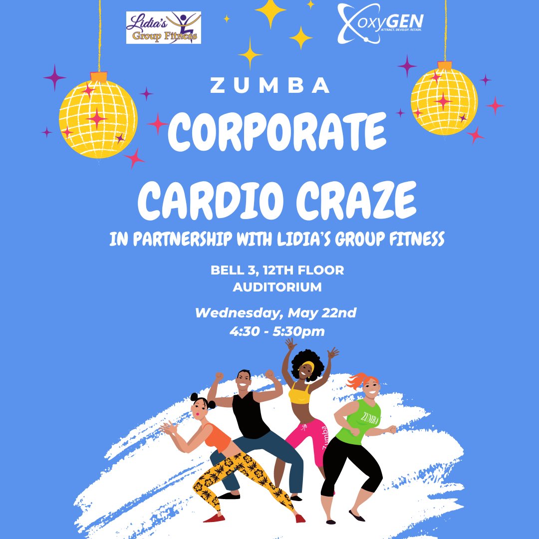 Time to ditch the stress and jump into our corporate Zumba sesh! 🕺 oxyGEN and Lidia's Group Fitness are teaming up for a dance and workout mix. Let's get pumped and revitalize our bodies and minds!
Register ➡ lnkd.in/gPRftx3Z
 #oxyGENDFW #MentalHealthAwarenessMonth