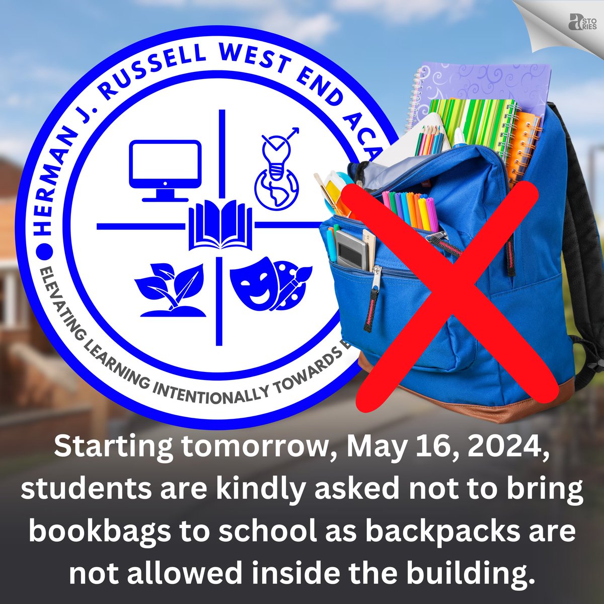 Starting tomorrow, May 16, 2024, students are kindly asked not to bring bookbags to school as backpacks are not allowed inside the building. @TDGreen_ @HRWEACOUNSELING @DRVENZEN_aps @apsupdate @Retha_Woolfolk