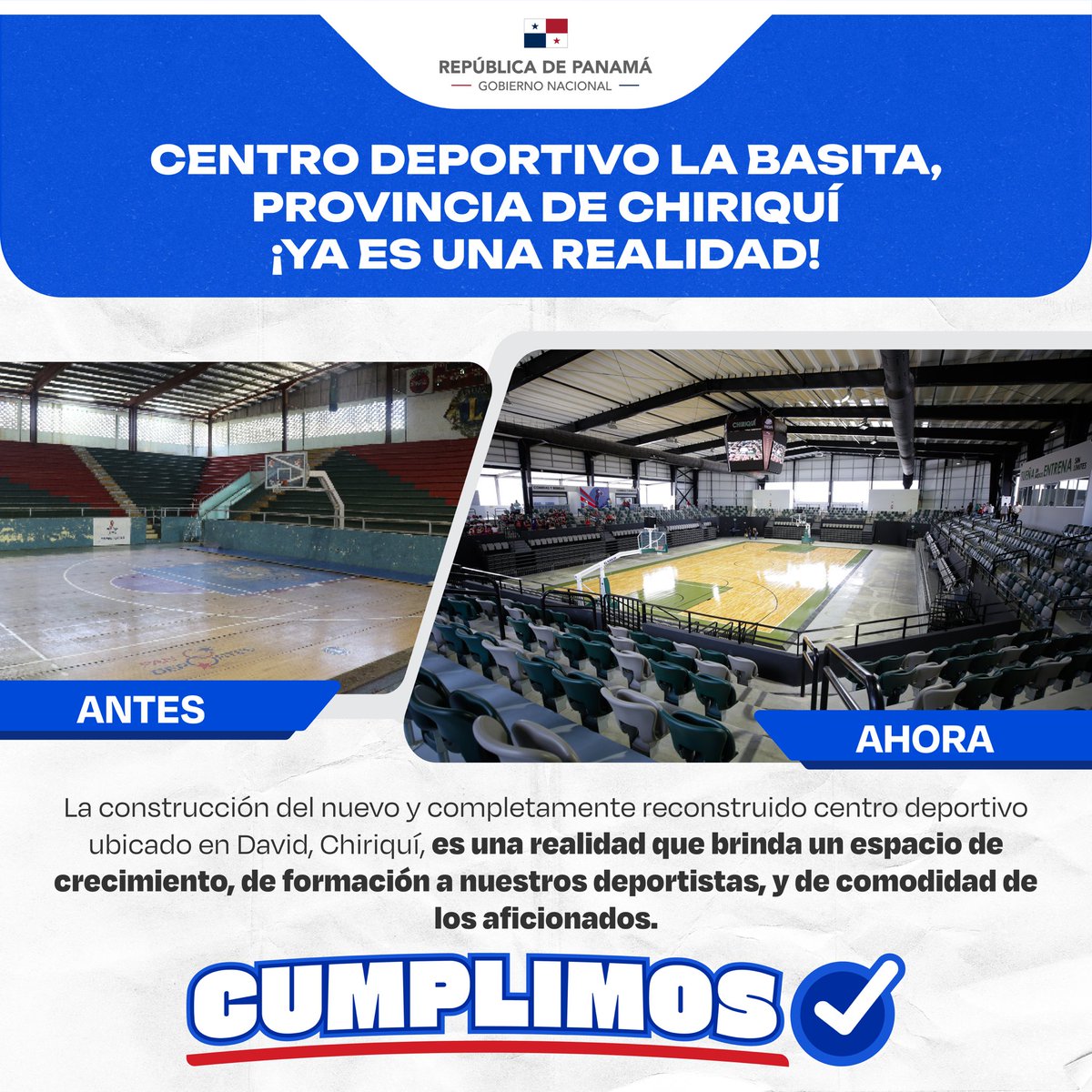 Continuamos impulsando el desarrollo de los jóvenes a través del deporte. Mediante la inauguración del Centro Deportivo La Basita en Chiriquí, el cual cuenta con instalaciones de primer nivel, para que nuestros atletas se puedan preparar para torneos nacionales e internacionales.