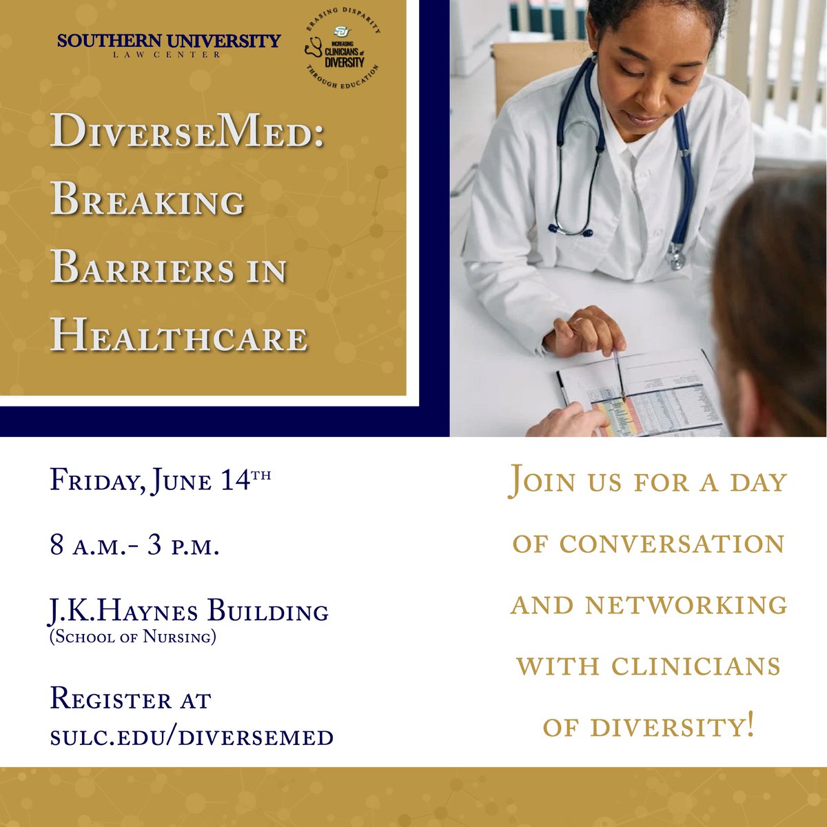 Join us as we break barriers in #healthcare! SUBR’s Increasing Clinicians of Diversity (SU ICOD), along with #SULC, is hosting a day of conversation and networking with clinicians of diversity on Friday, June 14. We hope to see you there! Register at sulc.edu/diversemed.