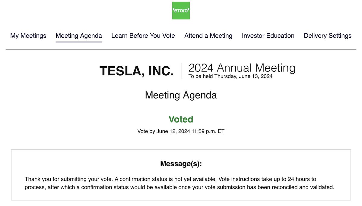 Wow, thanks to @eToroFr, I was able to vote the 38.74263 $TLSA shares I have accumulated in my little experiment.

x.com/teslastars/sta…

Unfortunately the huge majority of my shares are held with @CreditAgricole and I can’t vote them 🗳️😒👎🏻