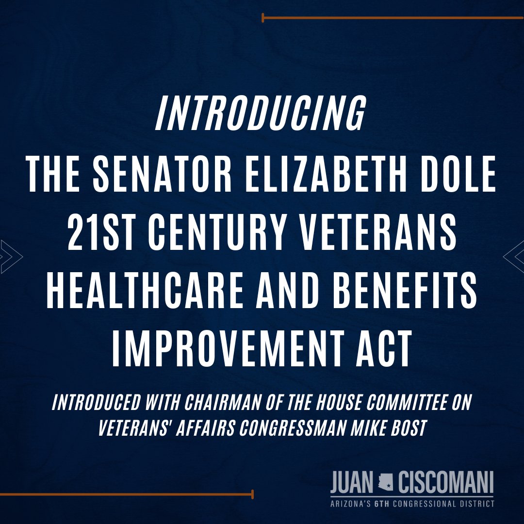 The bipartisan package that I introduced, The Senator Elizabeth Dole 21st Century Veterans Healthcare and Benefits Improvement Act, will enhance and reform the delivery of services at the VA by ultimately putting all #AZ06 veterans, their families, and their survivors first.