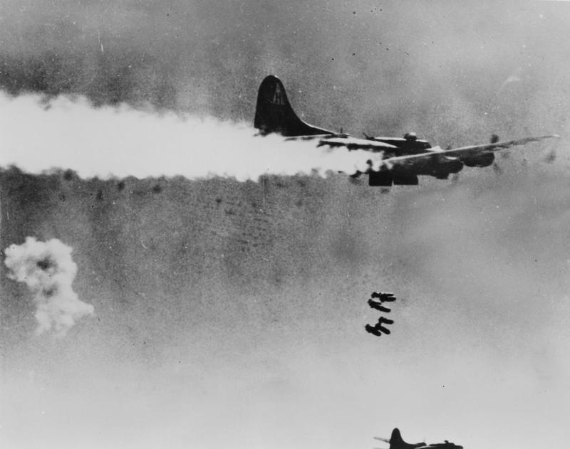 306th B 17 just having dropped its bombs, now trailing smoke. #WWII