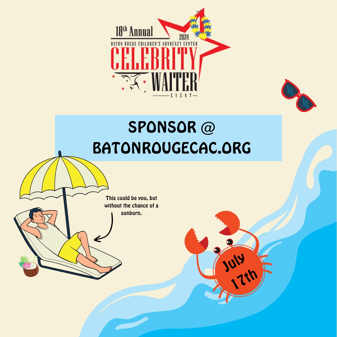 🌟Support the Baton Rouge Children's Advocacy Celebrity Waiter Event! We invite YOU to join us in making a difference. Sponsoring this amazing event helps provide vital services to children in need right here in our community. #BRCA #CelebrityWaiterEvent #SponsorForACause