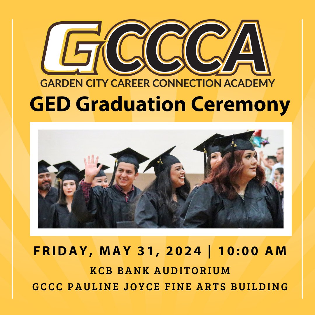 Garden City Career Connection Academy (GCCCA) will hold its 2024 GED graduation ceremony on Friday, May 31st at 10:00 AM in the KCB Bank Auditorium inside the GCCC Pauline Joyce Fine Arts Building. Read more: ow.ly/okY550RIYGY