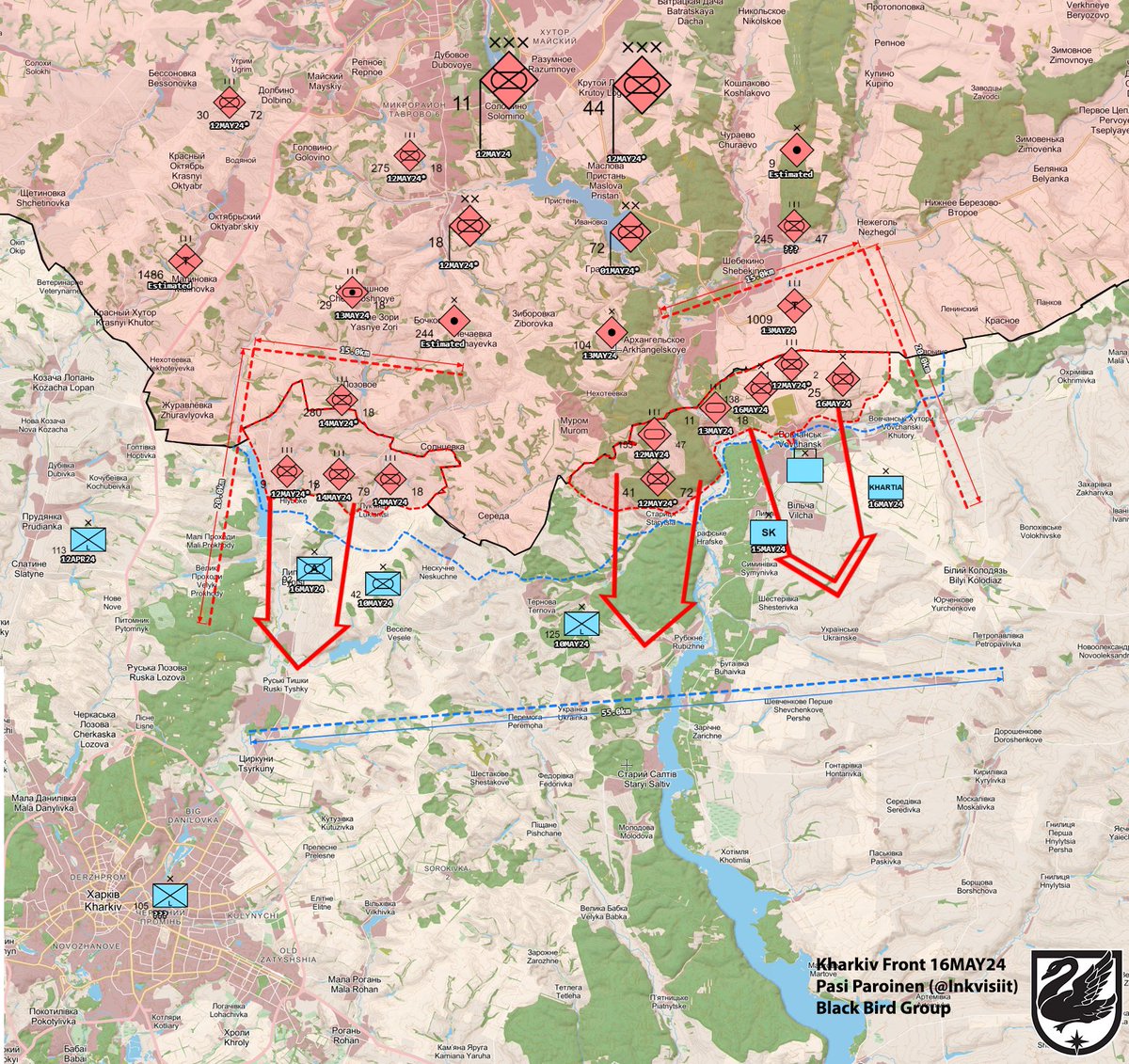 16MAY24 ORBAT and analysis thread on Kharkiv Front. RuAF began offensive operations in northern Kharkiv oblast UKR-RUS border regions on 10MAY24. During the past six days RuAF has advanced between 9 to 5 km in three distinct directions along the border. 1/