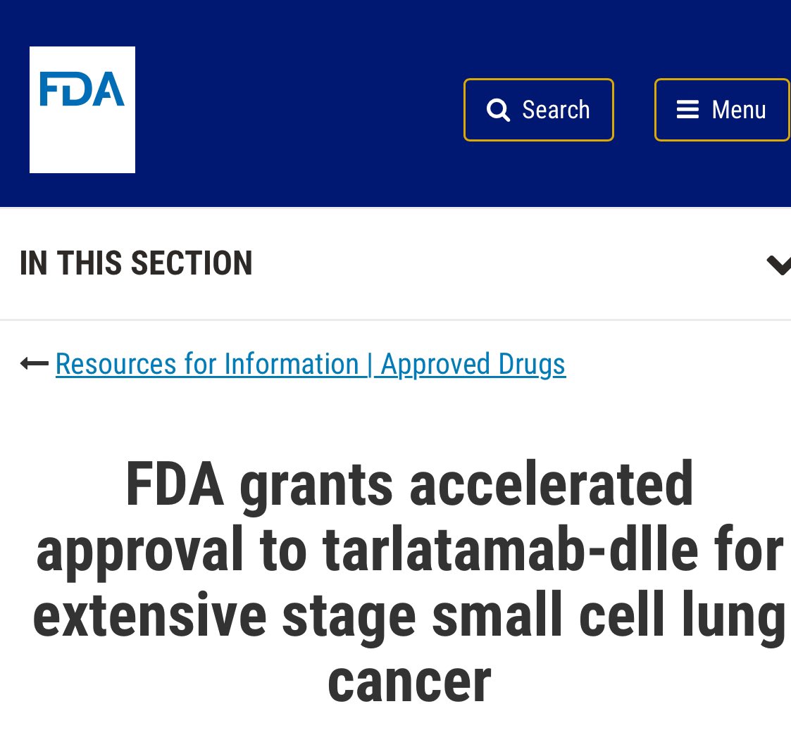 🚨🔥@OncoAlert Hot off the press. @US_FDA granted #accelerated approval to #Tarlatamab-dlle (bispecific T-cell engager targeting #DLL3 and #CD3) for #ExtensiveStage #SmallCell #LungCancer with disease progression after platinum-based #Chemotherapy. 👇🏼 fda.gov/drugs/resource…