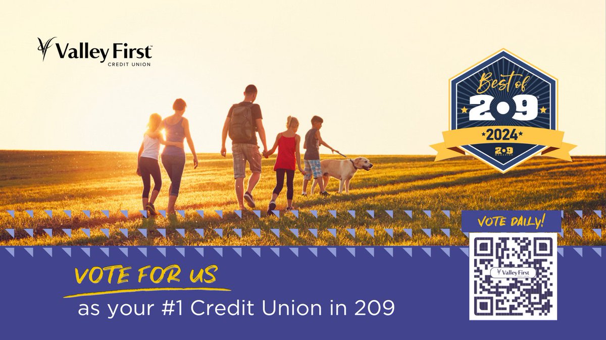 Thank you for choosing Valley First as your Best Credit Union in 209 three years in a row! We'd love for you to vote for us this year too. Voting is easy. Scan the QR code to go right to our page. Voting ends 5/31 #ValleyFirstCreditUnion #MakingGoodHappen