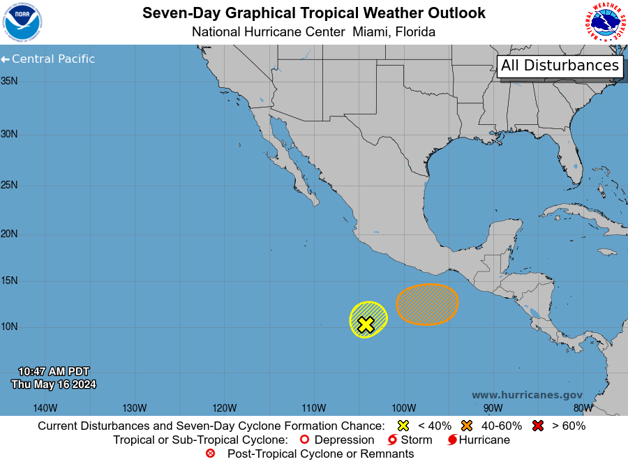 Aviso: vigilancia por dos zonas de baja presión en el Pacífico.

La primera 🟡tiene prob. del 20% de ser ciclón a 2 días la cual se estaría 'fusionándose' con una segunda zona de baja presión🟠 con prob. del 40% de ser ciclón a 7 días.

Modelos indican que el posible