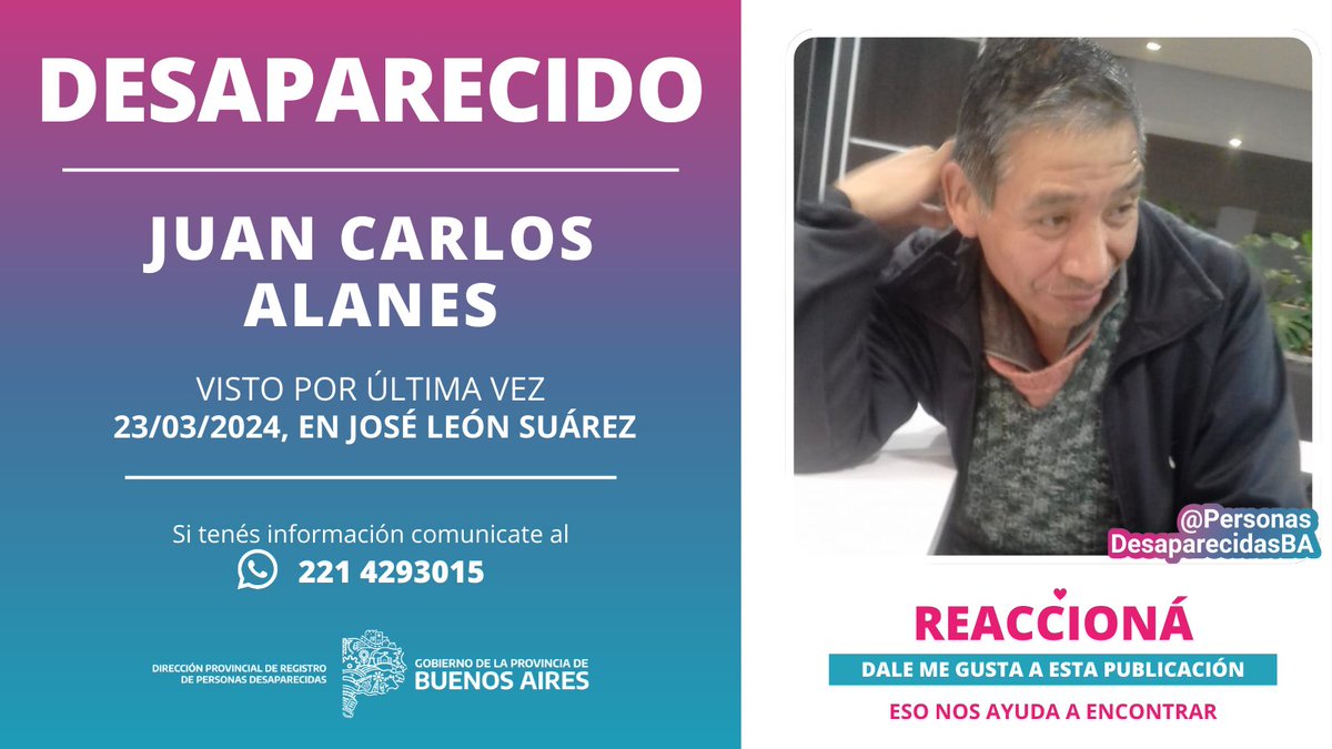 📣 AYUDANOS A ENCONTRAR A JUAN CARLOS ALANES ❗️ ⚠ Juan Carlos, de 52 años, fue visto por última vez el sábado 23 de marzo en #JoséLeónSuárez, partido de #SanMartín. ℹ Más info➡ bit.ly/4bikqwP