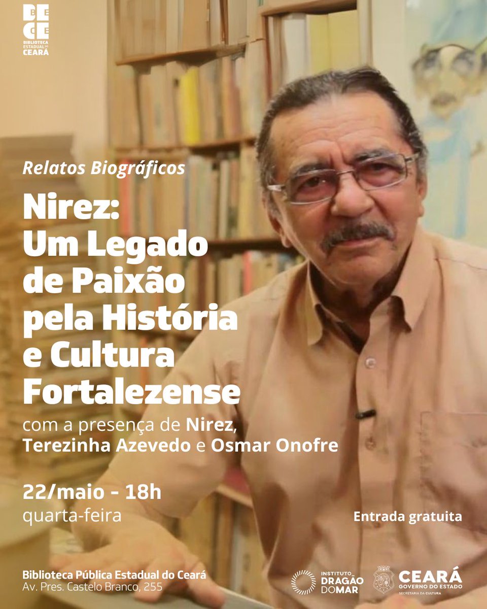 Bece celebra 90 anos de Nirez com roda de conversa no dia 22 de maio, com a participação do homenageado, o evento ainda contará com a presença da  Terezinha Narbal (filha) e Osmar Onofre (amigo). A entrada é gratuita. Saiba mais:

bece.cultura.ce.gov.br/bece-celebra-9…