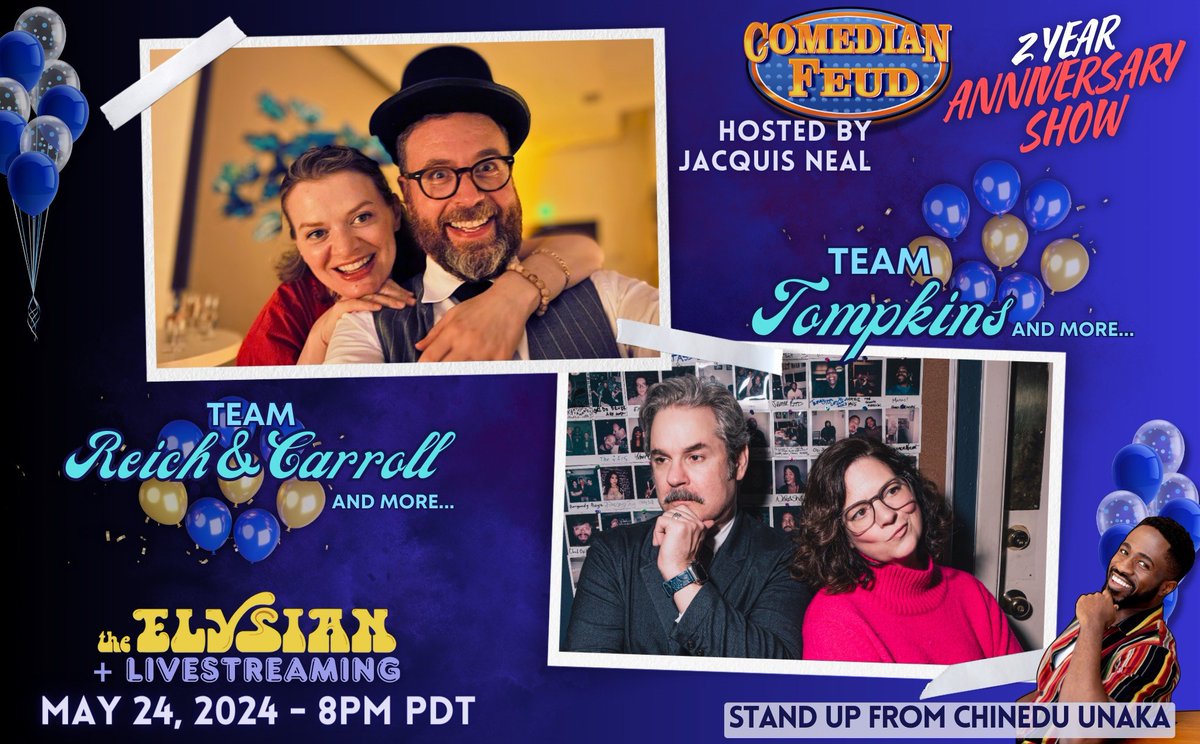 may 24th.

8pm.

two couples will enter the thunderdome.

both will leave.

the event the LA times is calling "not worth coverage."

COMEDIAN FEUD: CARROLL-REICH vs. TOMPKINS

on carroll-reich (pending scheduling issues): dropout's <a href="/KatieMarovitch/">Katie Marovitch</a>, <a href="/ChestangRaphael/">Raphael V Chestang</a>, and <a href="/LilyD/">Lily Du, 杜莉丽</a>!