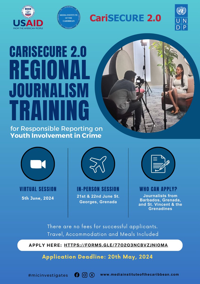 UNDPBarbadosEC's tweet photo. Are you a journalist interested in producing responsible, hard-hitting stories on youth involvement in crime/trafficking in persons? #CariSECURE 2.0 &amp; @micinvestigates are offering free, in-depth training  for eligible journalists, supported by @usaidescarib. Apply by May 20th! https://t.co/YlRMVd7MbK