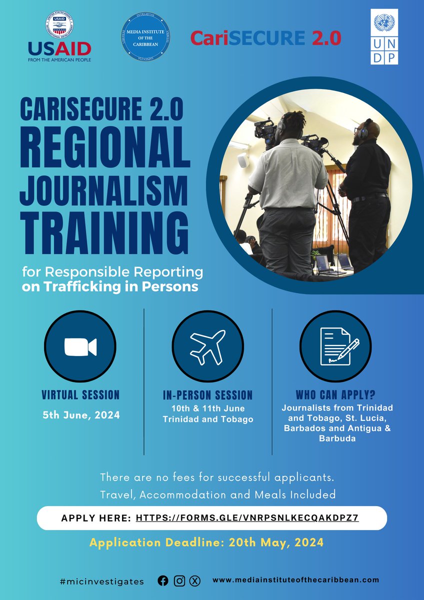 Are you a journalist interested in producing responsible, hard-hitting stories on youth involvement in crime/trafficking in persons? #CariSECURE 2.0 & @micinvestigates are offering free, in-depth training  for eligible journalists, supported by @usaidescarib. Apply by May 20th!