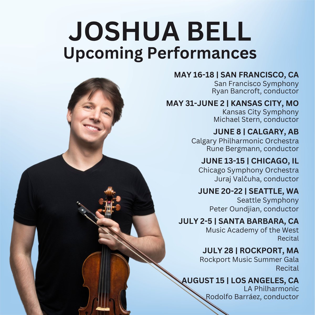 🎻 @JoshuaBellMusic performs from coast to coast this summer! He joins 6 orchestras as soloist and plays recitals in California and Massachusetts.

May 16-18 : San Francisco | @SFSymphony
May 31- June 2: Kansas City | @KCSymphony
June 8: Calgary | @CalgaryPhil
June 13-15: Chicago