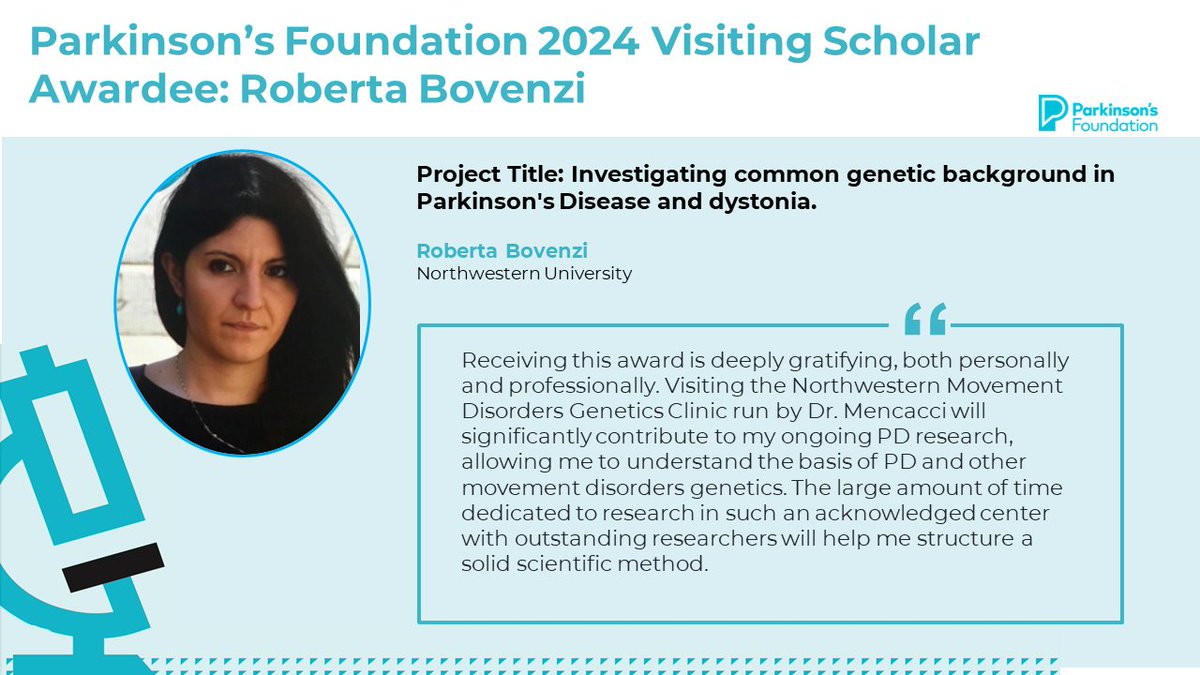 📢 Congratulations to 2024 Visiting Scholar Awardee, Roberta Bovenzi, whose project focuses on investigating common genetic background in #Parkinsons Disease and dystonia. Dr. Bovenzi will be mentored by Niccolò Mencacci at <a href="/NorthwesternU/">Northwestern</a>.

<a href="/ParkinsonDotOrg/">Parkinson's Foundation</a>