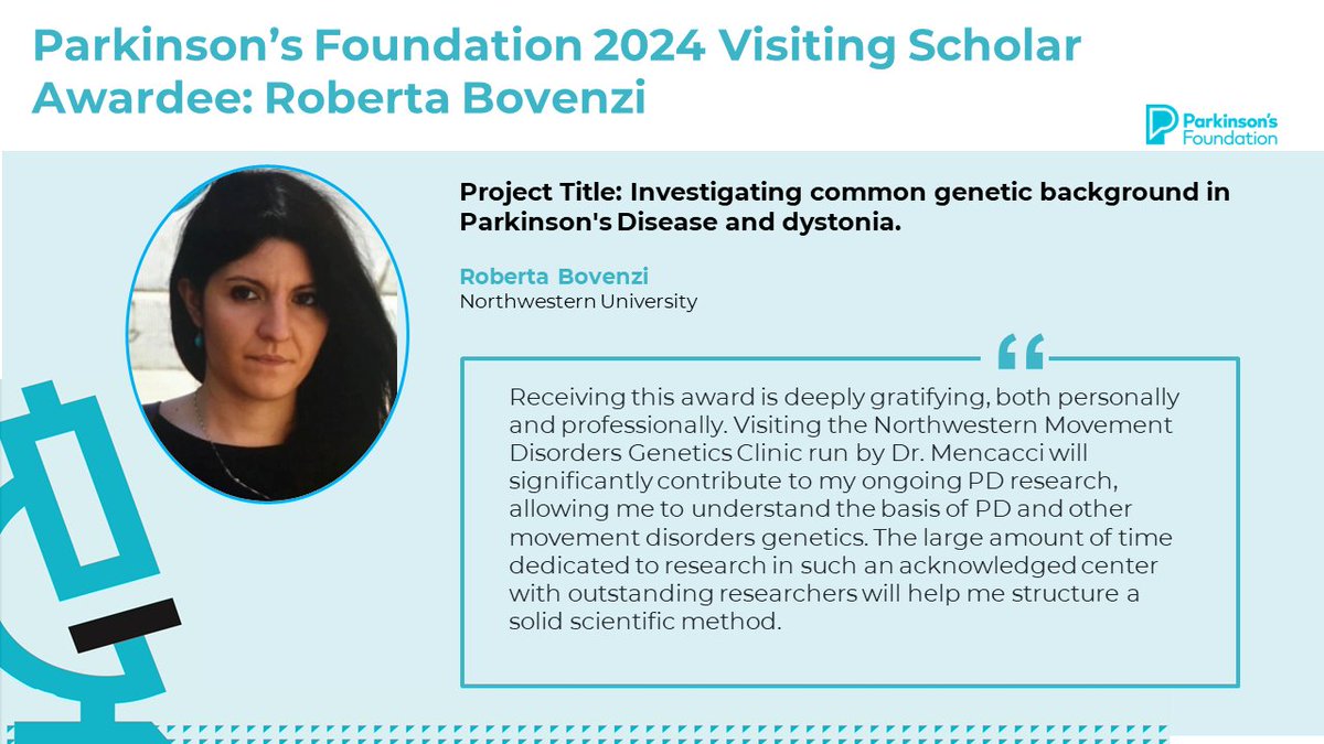 📢 Congratulations to 2024 Visiting Scholar Awardee, Roberta Bovenzi, whose project focuses on investigating common genetic background in #Parkinsons Disease and dystonia. Dr. Bovenzi will be mentored by Niccolò Mencacci at @NorthwesternU.

@ParkinsonDotOrg