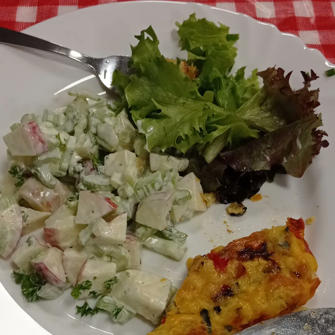 Vegetable Frittata with Waldorf and Green Salad for lunch at our Southmead Community Cook Up today and a takeaway meal of Homity Pies and coleslaw. Best of all though were some lovely conversations about why people love coming to the sessions. The best job.