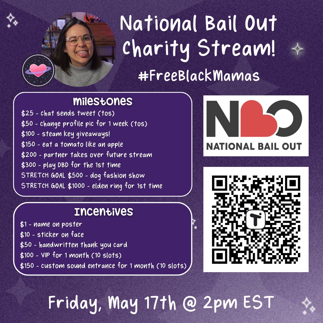 emosupportjamie's tweet photo. my internet works again!! which means...

CHARITY STREAM TOMORROW in support of @NationalBailOut is ON, friends! 🎉✨

starting at 2pm est, let's hangout, play some games, and raise money to #freeBlackMamas and caregivers!! 💜💜 https://t.co/Pq2Birfl6C