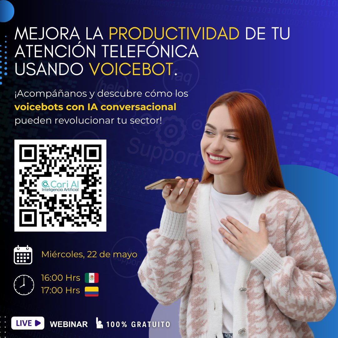 ¡Mejora la productividad de tu Atención Telefónica utilizando Voicebot! Acompáñanos y descubre cómo los voicebots con IA conversacional pueden revolucionar tu sector. Próximo 22 de mayo a las 17:00 hrs Colombia. Registrate aquí: cari.ai/-fH5 @anakarinaqa