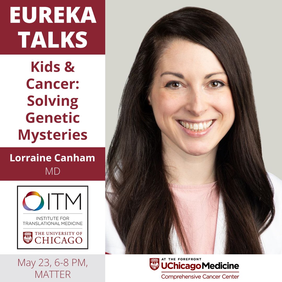 Who's speaking at Eureka Talks? 💡 Hear about Kids & Cancer: Solving Genetic Mysteries from @UChicago's Lorraine Canham 👏. Vote for your top talks and meet cool researchers on May 23! Tap the link to join the fun! chicagoitm.org/welcome-to-eur… 👈