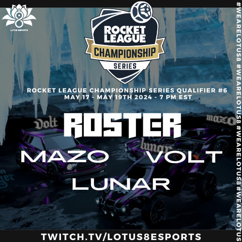 We are back in <a href="/RLEsports/">Rocket League Esports</a> RLCS - Qualifier #6 this weekend starting tomorrow at 7 pm est!

Good luck to our RLCS team!💜🩶 #l8army

Roster - <a href="/Mazo_RL/">Mazo</a> <a href="/LunarJRV/">lunarjrv</a> <a href="/Volterohh/">i just work here</a> 
Managers - <a href="/HoldenMurphy1/">Holden (Murphyholden22)</a> / <a href="/iLukacs/">iLukacs</a> 
Mental Performance Support - <a href="/itsrevengefr/">revenge</a> 
Coach - <a href="/UltiRL/">Coach Ulti</a> 

Live