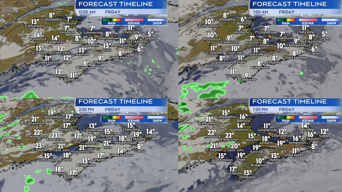 Broken showers and small t-storms in southern NB and parts of northern mainland NS will end later this evening. Rest of the night partly cloudy with patchy fog. Mixed sun and cloud tomorrow. Cooler where an easterly wind blows onshore. Other areas could reach low-mid twenties.