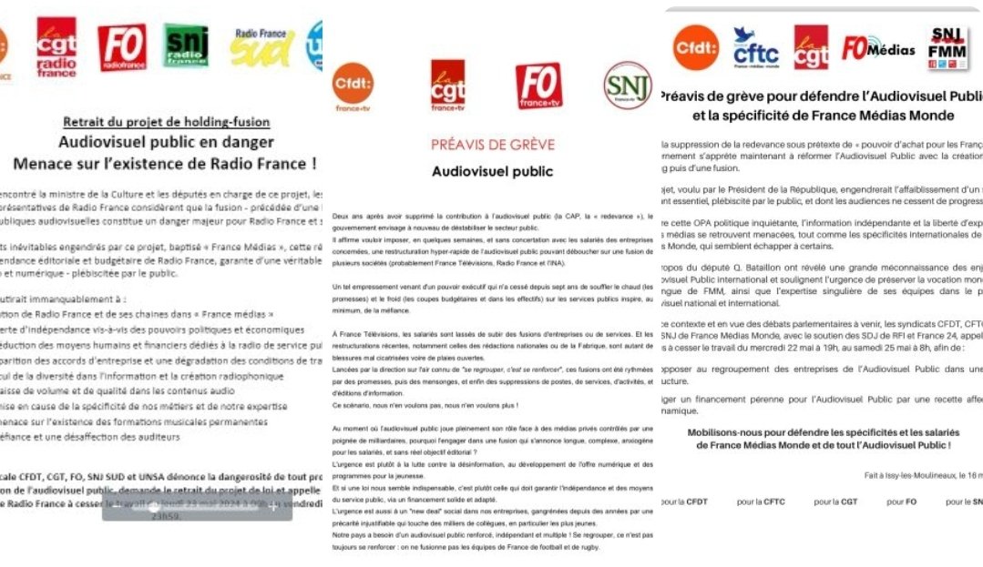 Le SNJ est signataire des préavis de grève déposés pour les 23-24 mai à 📻 Radio France 🖥 France Télévisions 🌍 France Médias Monde 5000 journalistes sont concernés ! MOBILISATION contre la fusion, pour un audiovisuel public renforcé, indépendant et multiple ! ✊️