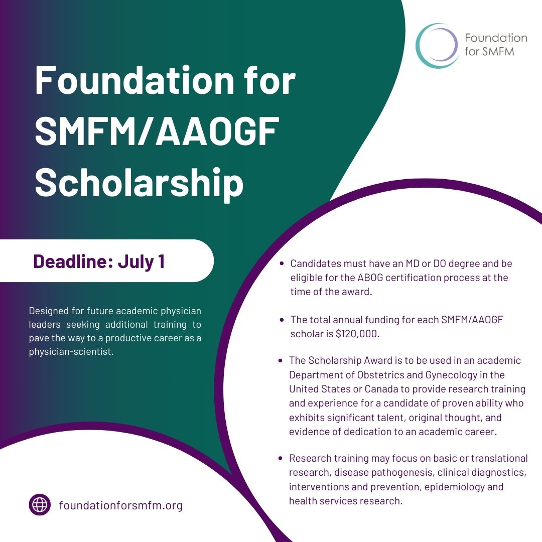 The AAOGF and @fndnforsmfm seek to identify future academic physician leaders in #Obstetrics and #Gynecology and stimulate their scholarly development through the support of advanced scientific training. Learn more and apply: foundationforsmfm.org/programs/smfm/…