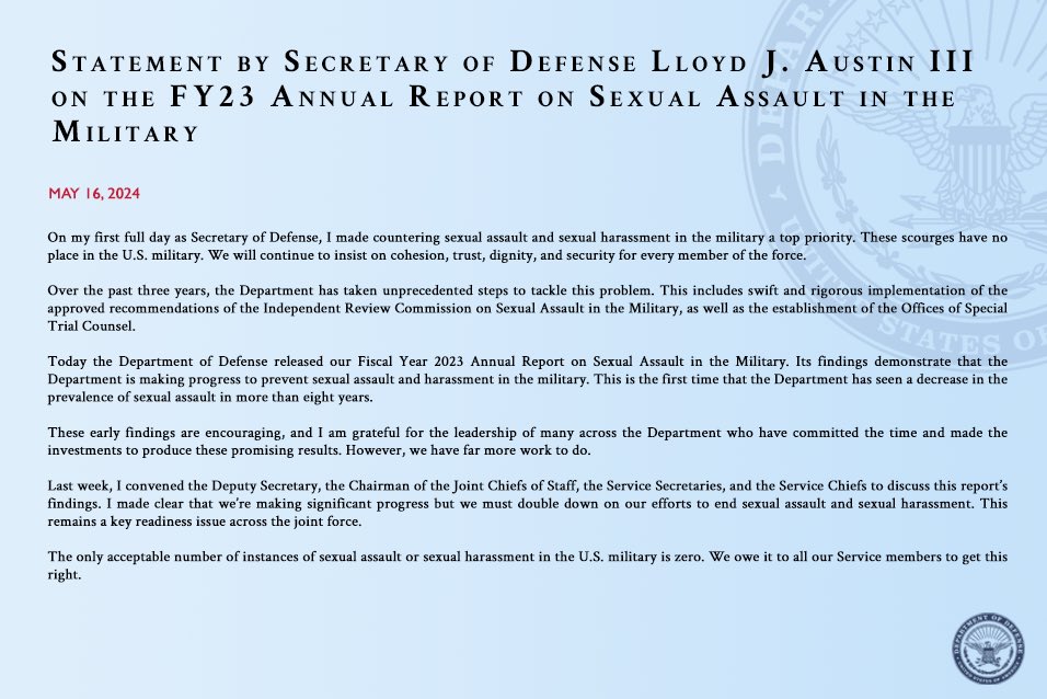 We have taken unprecedented steps to tackle sexual assault & sexual harassment in the military. The FY23 Annual Report on Sexual Assault in the Military demonstrates we’re making progress, but we know we have far more work to do. We owe it to our Service members to get this