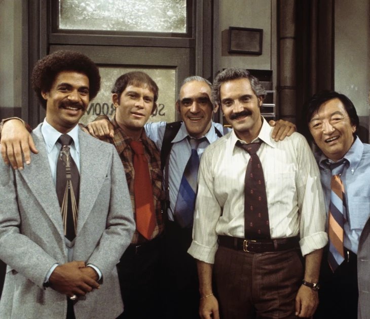 The cast of 'Barney Miller' 1976: Ron Glass, Max Gail, Hal Linden, Abe Vigoda, Jack Soo.