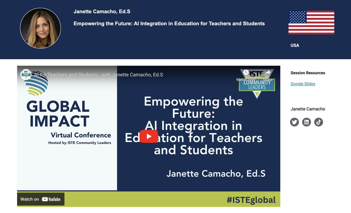 Let's think about the #future - and how #AI can empower our existence - with Dr @iJanetteCamacho: bit.ly/ISTEglobal15 Missed other sessions of #globalimpact? 💻bit.ly/Global-Impact-… Share your learning with us here and at #ISTELive ⤵️