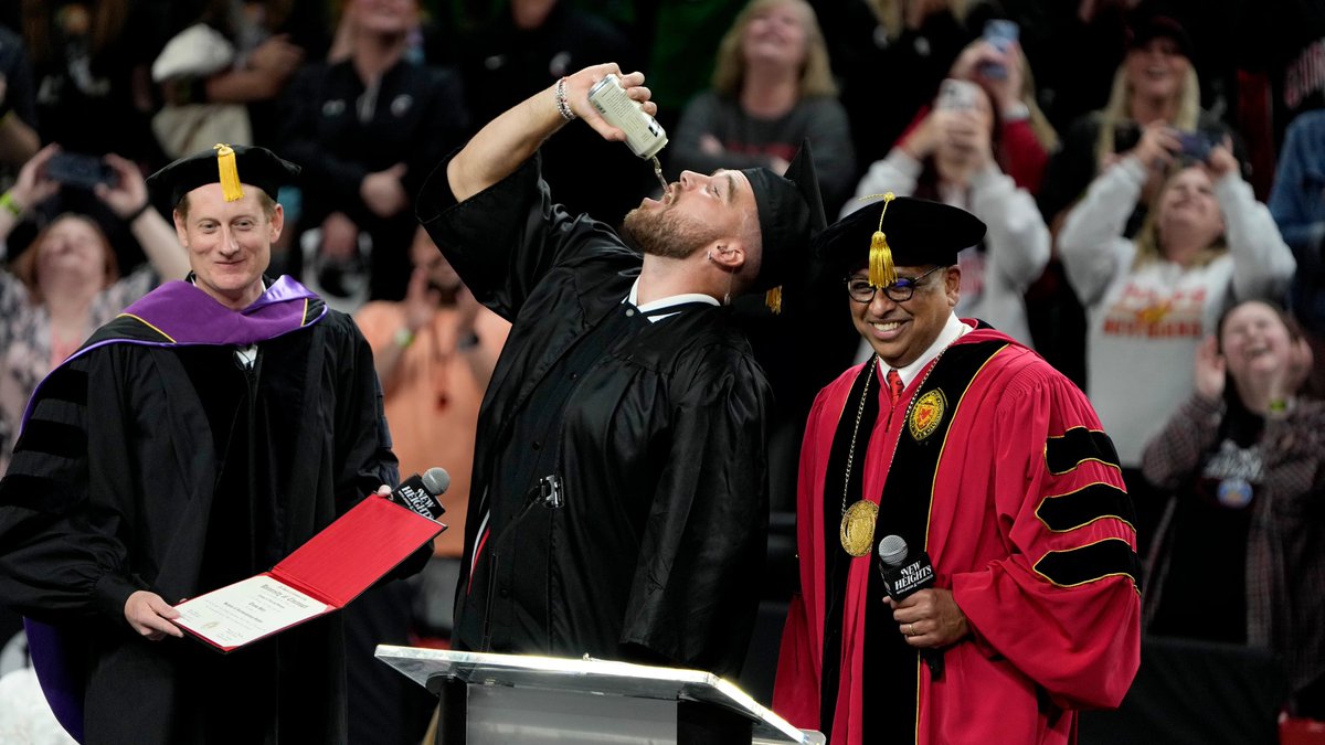 Here's some great behavior the @NFL tolerates at college graduations. Thank God @tkelce didn't say anything about how rewarding it is to be a supportive wife or a loving mother! That would be inappropriate!