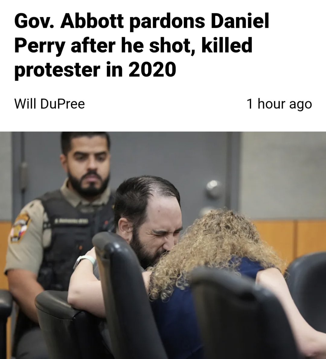 Congrats to Governor Abbott for pardoning a White Supremacists who intentionally ran over protesters, and then shot the person who tried to confront him.