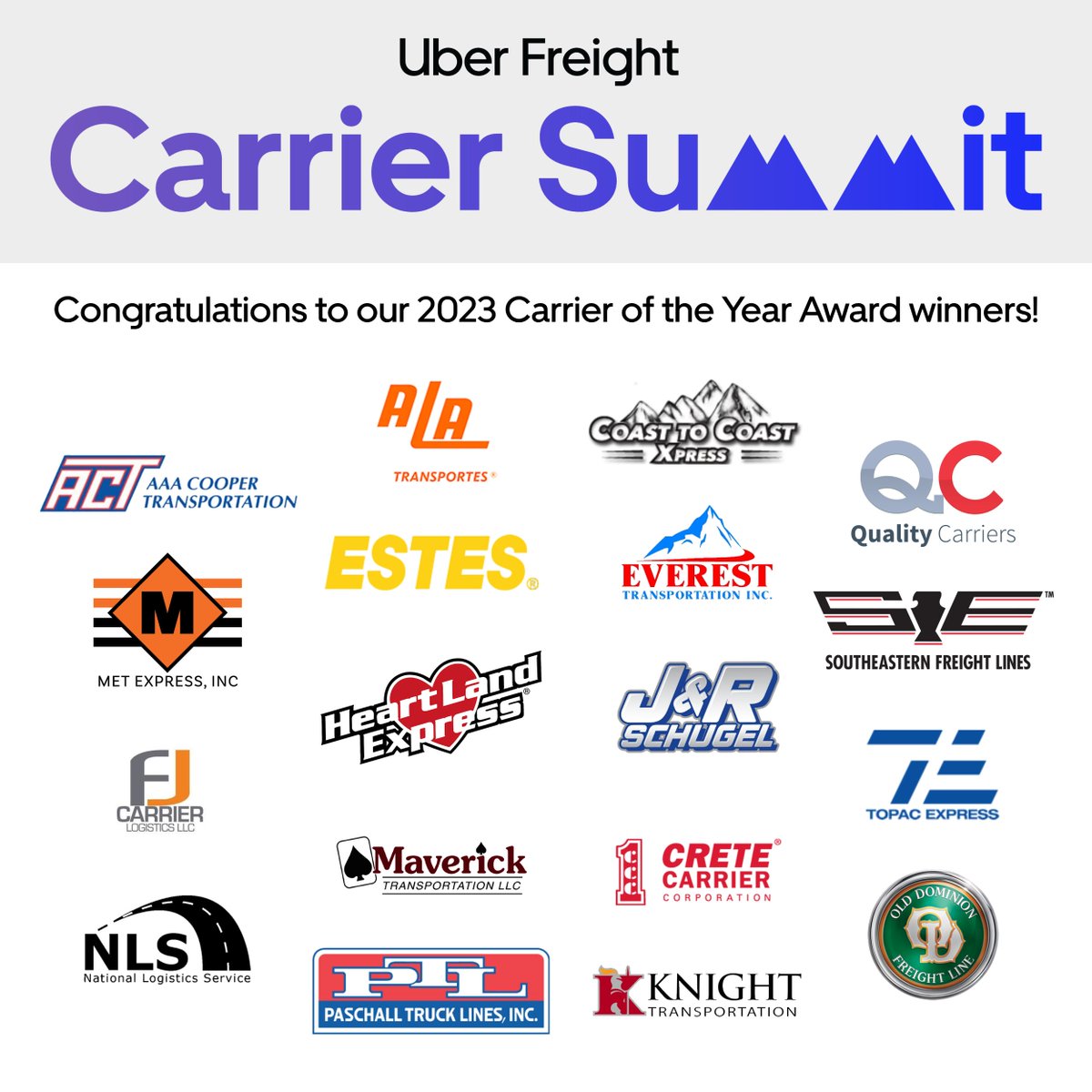 #CarrierSummit Carrier of the Year award winners! We recognize and appreciate your dedication and first-rate performance. Congratulations to these outstanding teams: @estesexpress @QualityCarriers @HeartlandExp @ODFL_Inc @CreteCarrier and many more! 🚚 🌬