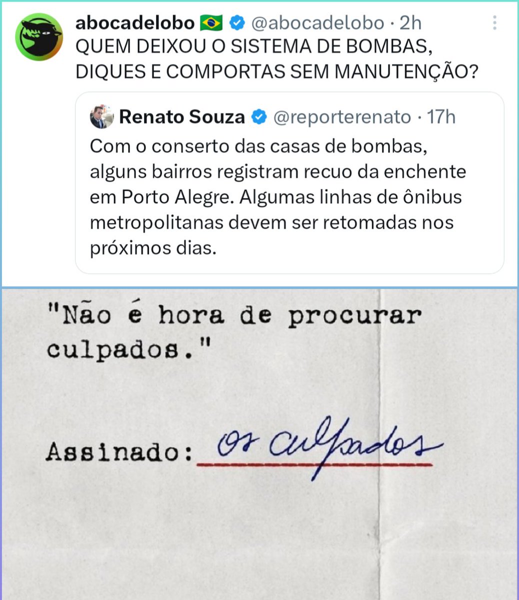 Boa noite, almas. Já podemos falar que a culpa é do governo do estado que não fez a manutenção básica no sistema de drenagem, ou tá cedo ainda? 🤡