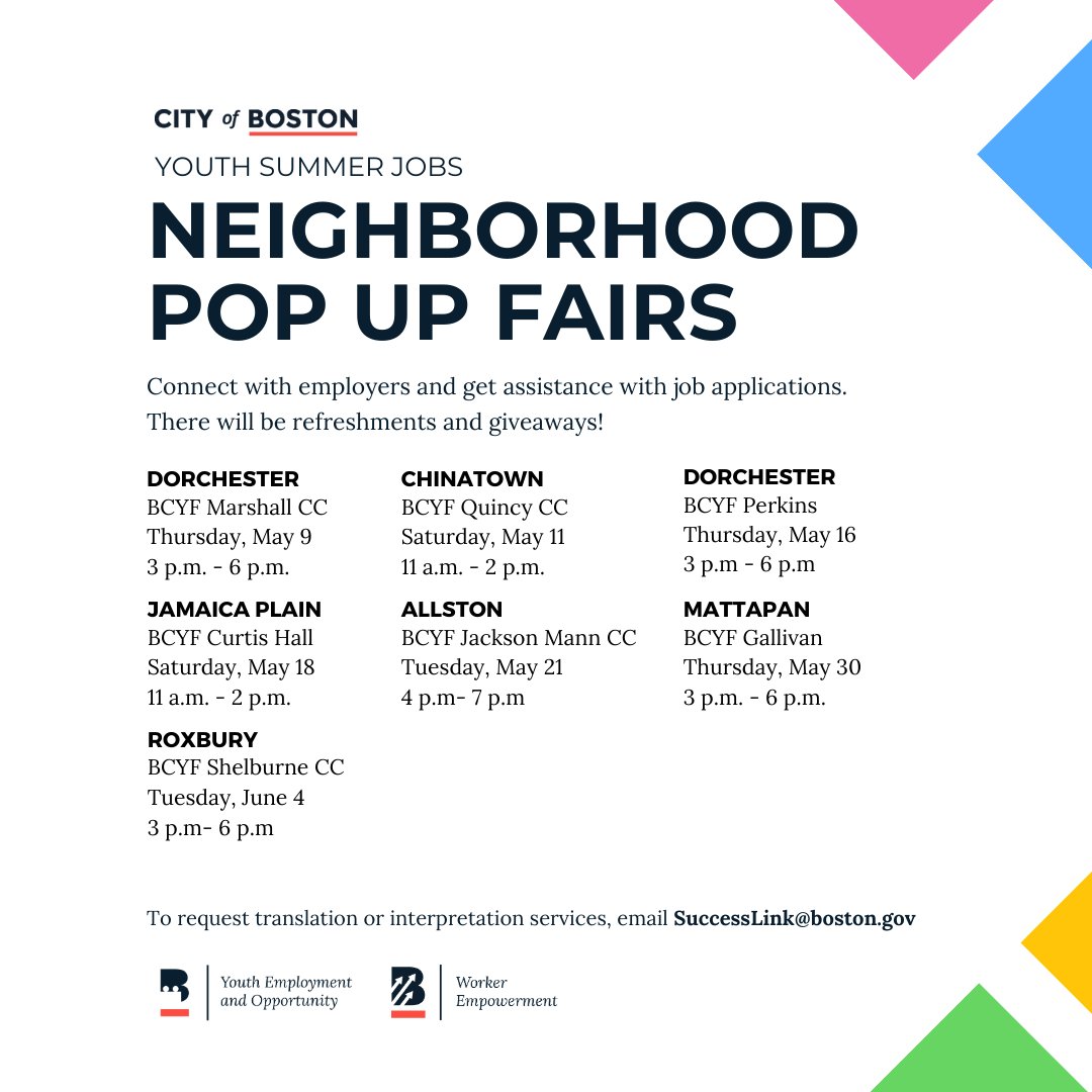 The Office of Youth Employment & Opportunity is hosting neighborhood pop-up fairs at many of our centers to connect young people with employers and complete applications and onboarding. Learn more/register: boston.gov/futureBOS