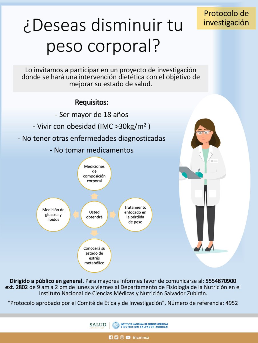¿Deseas disminuir tu peso corporal? Participa en este proyecto de investigación.
Protocolo y cartel aprobado por el Comité de Ética y de Investigación.