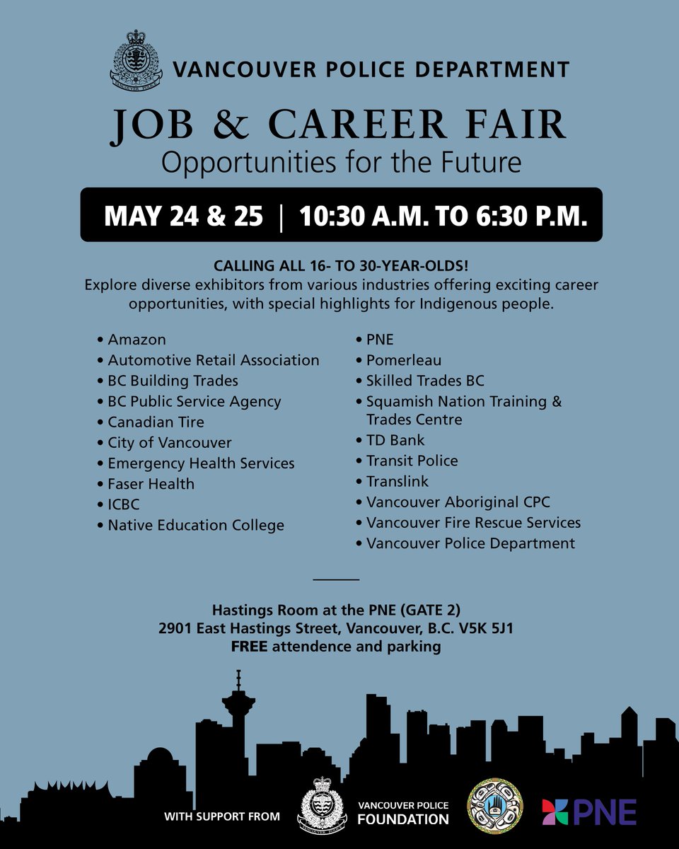 The #VPD is hosting a job and career fair next week for 16- to 30-years old, with 20 different exhibitors. There is no cost to attend and parking is free.