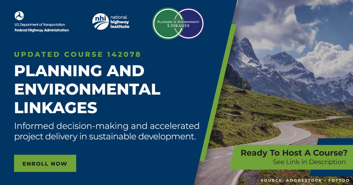 Unleash your potential w/ better communication, decision-making & efficiency w/ NHI’s Planning & Environmental Linkages course that will help determine priorities & make choices that meet mobility, environmental & community needs. Enroll or host at tinyurl.com/yc7r3wpa