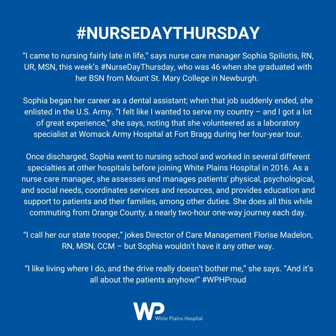 This week’s #NurseDayThursday, Sophia Spiliotis, RN, UR, MSN, began her career as a dental assistant, served in the U.S. Army, and later made the switch to nursing – and we’re so glad she did! Thanks for all you do for our patients, Sophia! We are lucky to have you! #WPHproud